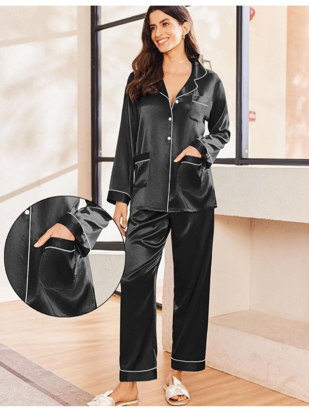 Women's Black Silk Button Down Long Sleeve Sleepwear Pajama Set with Pockets - Picture 4 of 6